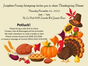 Thanksgiving themed flier for AA Thanksgiving November 24th 2-5pm HiLo Club